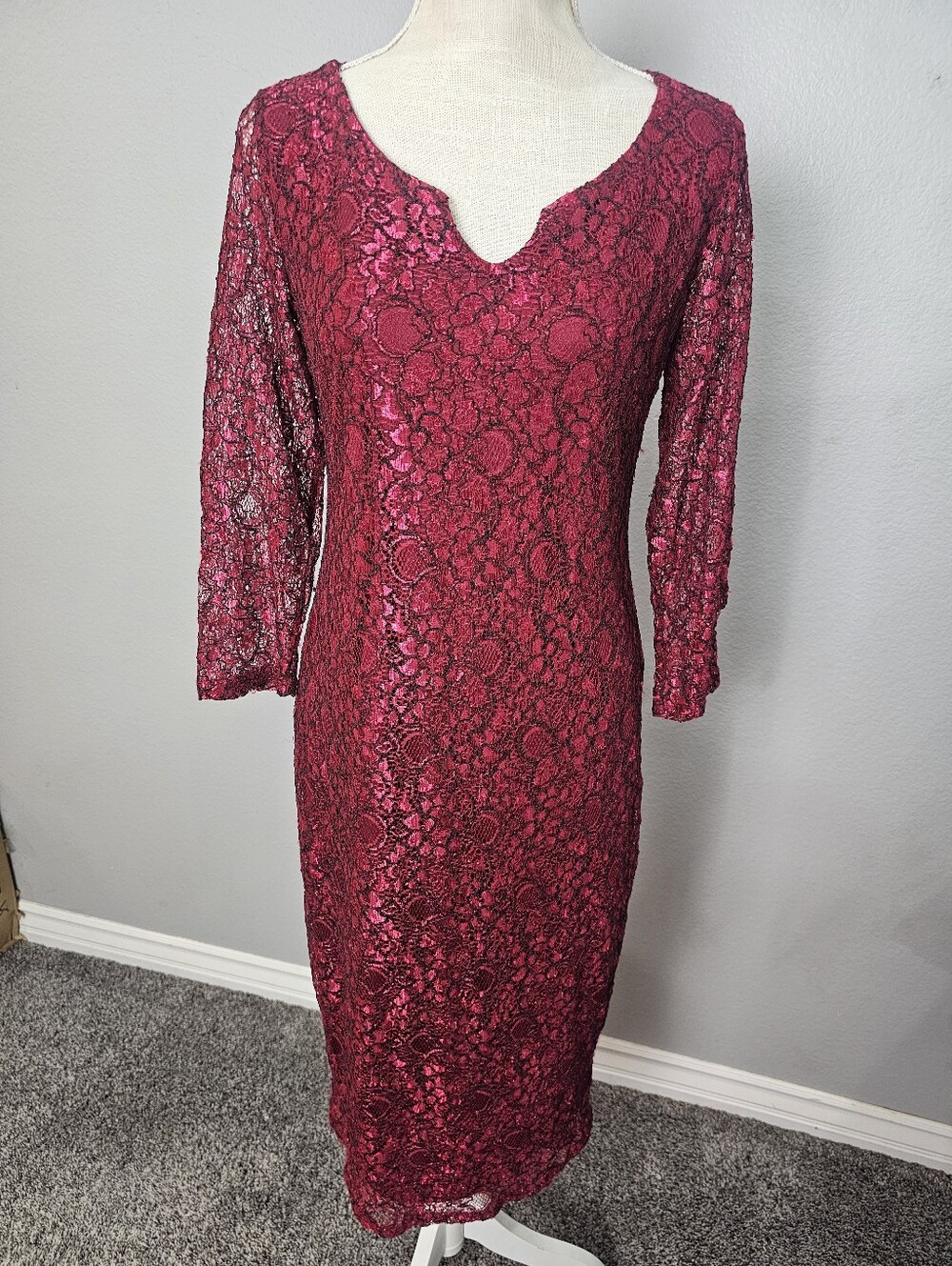 Red Scalloped V-neck Formal Midi Dress